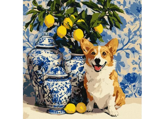 Tablou 40*40/cifre Corgi și lămâi KHO6882