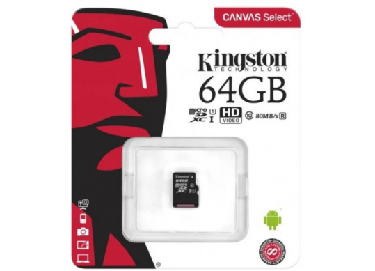 Flash MicroSDHC:64GB microSD Class10 A1 UHS-I +SD Kingston Canvas Select SDCS2/64GBSP