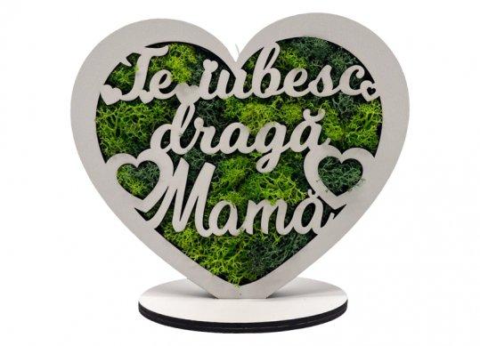 Suvenir lemn-Te iubesc MAMA,cu licheni SMIL