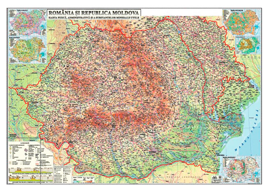 Harta fizica Admnin. R. Moldova si Romania 1.4*1.0m res.de subsol GHRCD