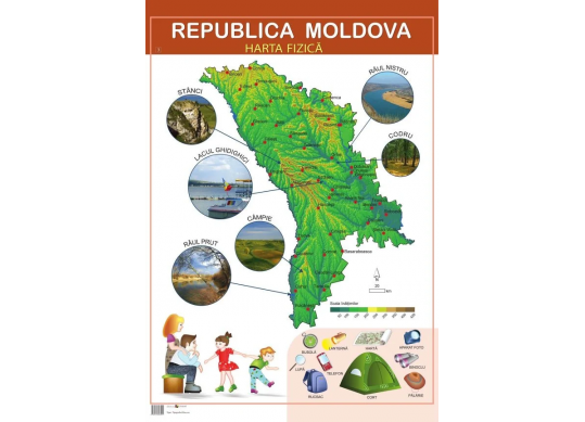 Plansa.Harta fizica a Republicii Moldova+Tara mea 70x100cm EP8